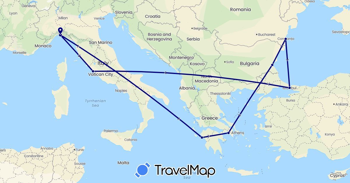 TravelMap itinerary: driving in Bulgaria, Greece, Italy, Romania, Turkey (Asia, Europe)